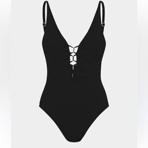 La Blanca Island Goddess Plunge Black Once Piece Swimsuit size 6